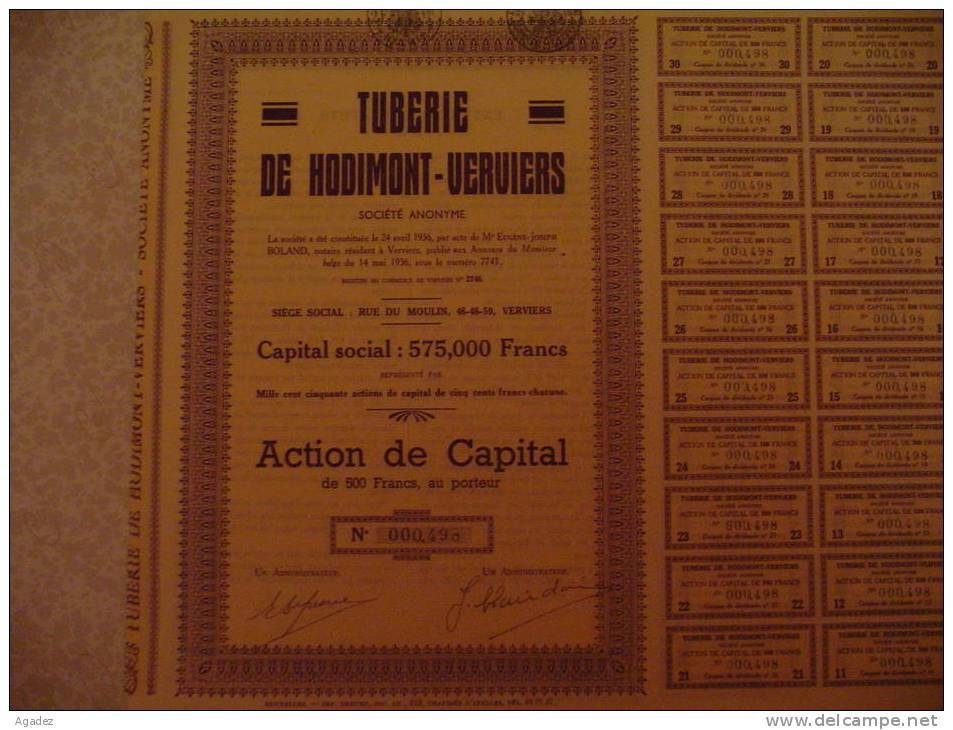 Action De Capital "Tuberie De Hodimont" Verviers 1936 - Industrie