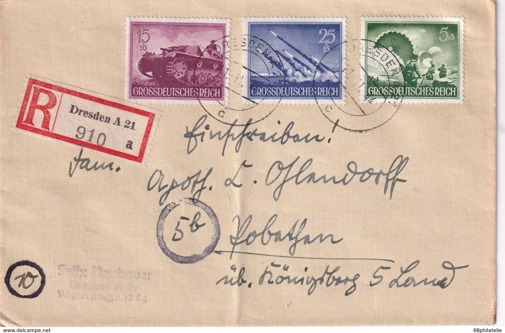 ALLEMAGNE 1944  LETTRE RECOMMANDEE DE DRESDEN AVEC CACHET ARRIVEE POBETHEN ÜBER KÖNIGSBERG - Briefe U. Dokumente