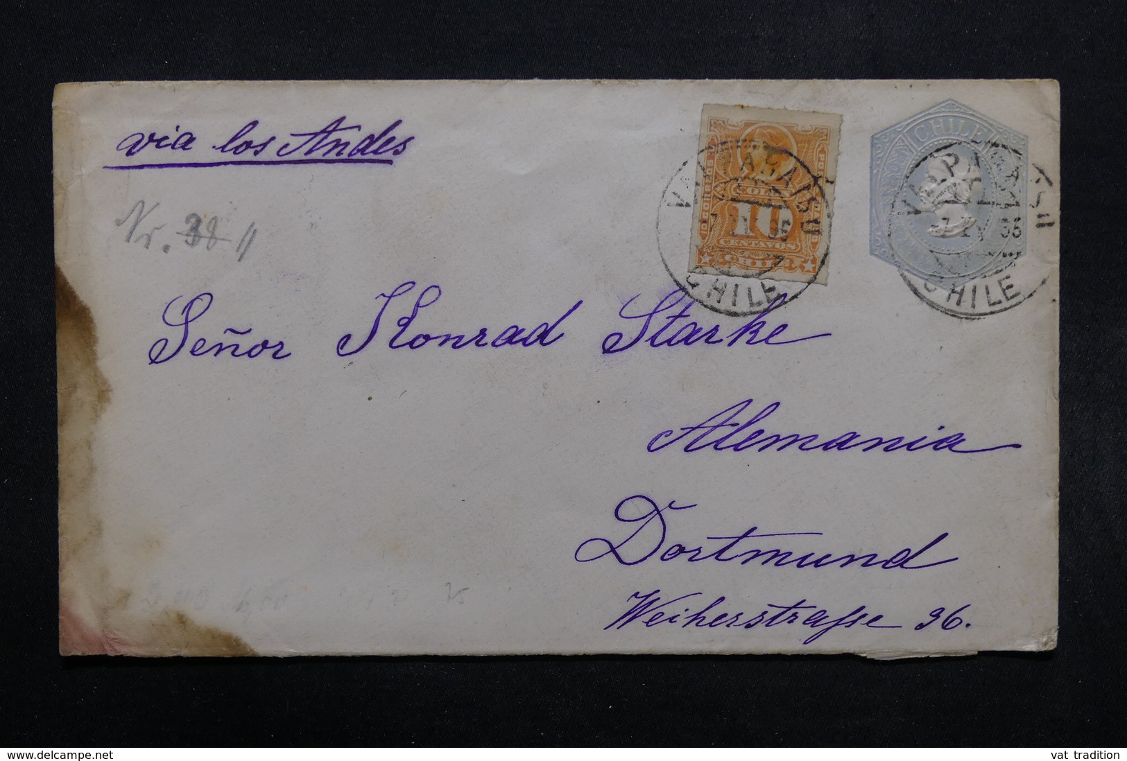 CHILI - Entier Postal + Complément De Valparaiso Pour L 'Allemagne En 1895 - L 32515 - Chili