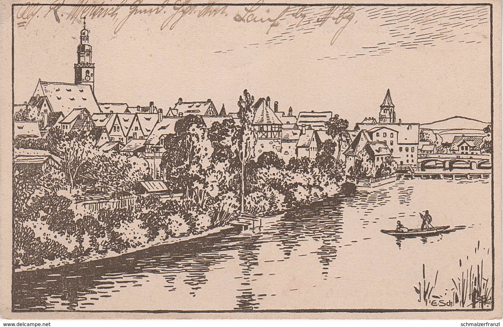 Stich Künstlerkarte AK Lauf Partie An Der Pegnitz Fähre Überfahrt A Nürnberg Briefmarke Bayern Stempel Deutsches Reich - Lauf