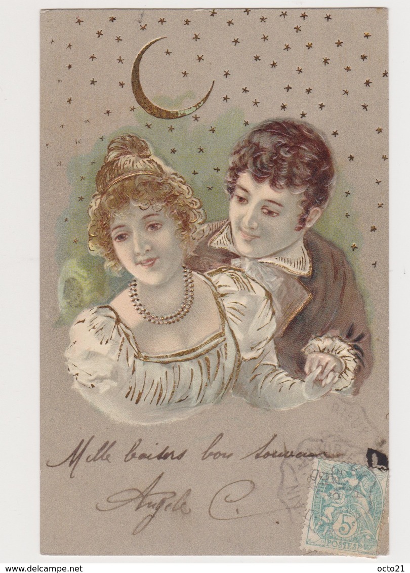 7 cartes fantaisie gaufrées / Couple amoureux , croissant de lune