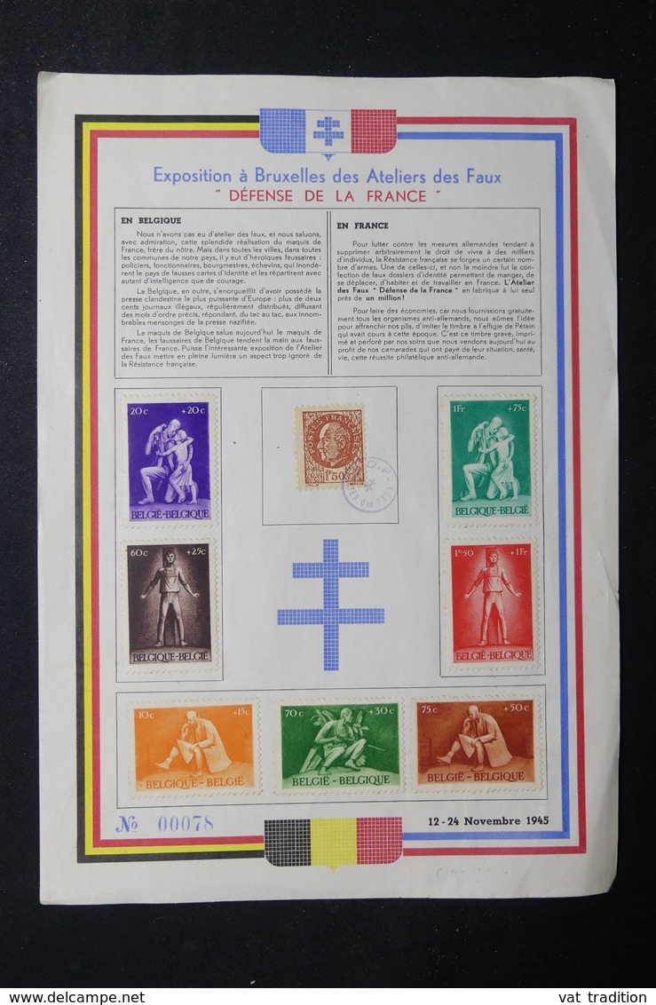 BELGIQUE / FRANCE - Carte De L 'Exposition à Bruxelles Des Ateliers Des Faux " Défense De La France " En 1945 - L 32523 - Lettres & Documents