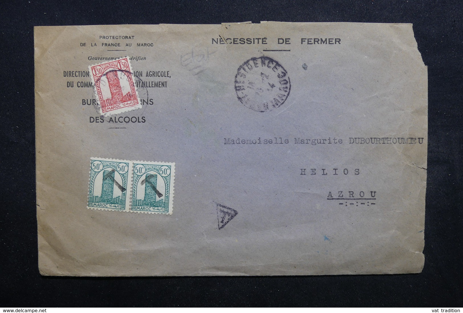 MAROC - Enveloppe Du Protectorat Pour Azrou En 1944 , Affranchissement Plaisant Dont Cachet Taxe Sur Timbres - L 32534 - Lettres & Documents