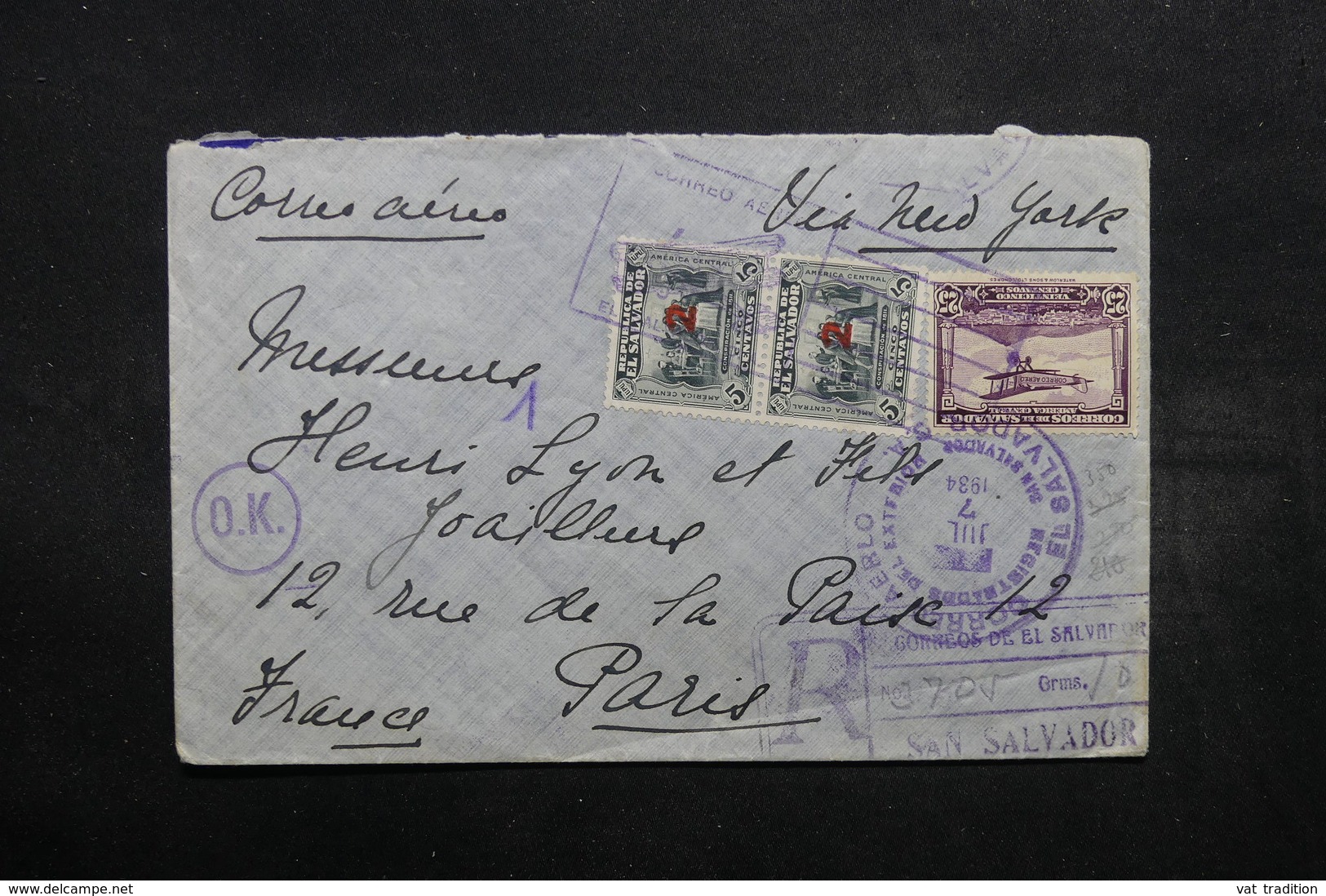 SALVADOR - Enveloppe En Recommandé Pour Paris En 1934 Via New York , Affranchissement Plaisant - L 32542 - El Salvador