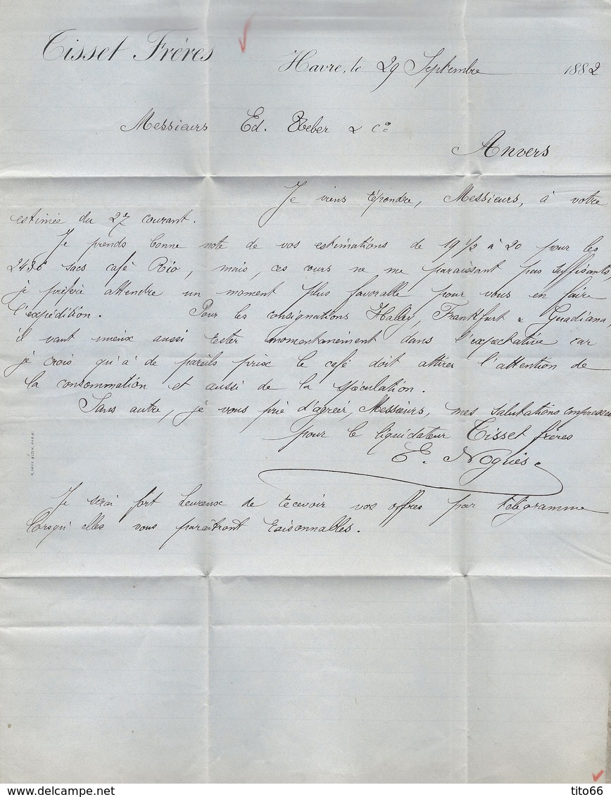 Sage N°92 Sur Lettre Correspondance Négoce Du Café TAD Le Havre 29/9/1882 Vers Anvers - 1877-1920: Période Semi Moderne