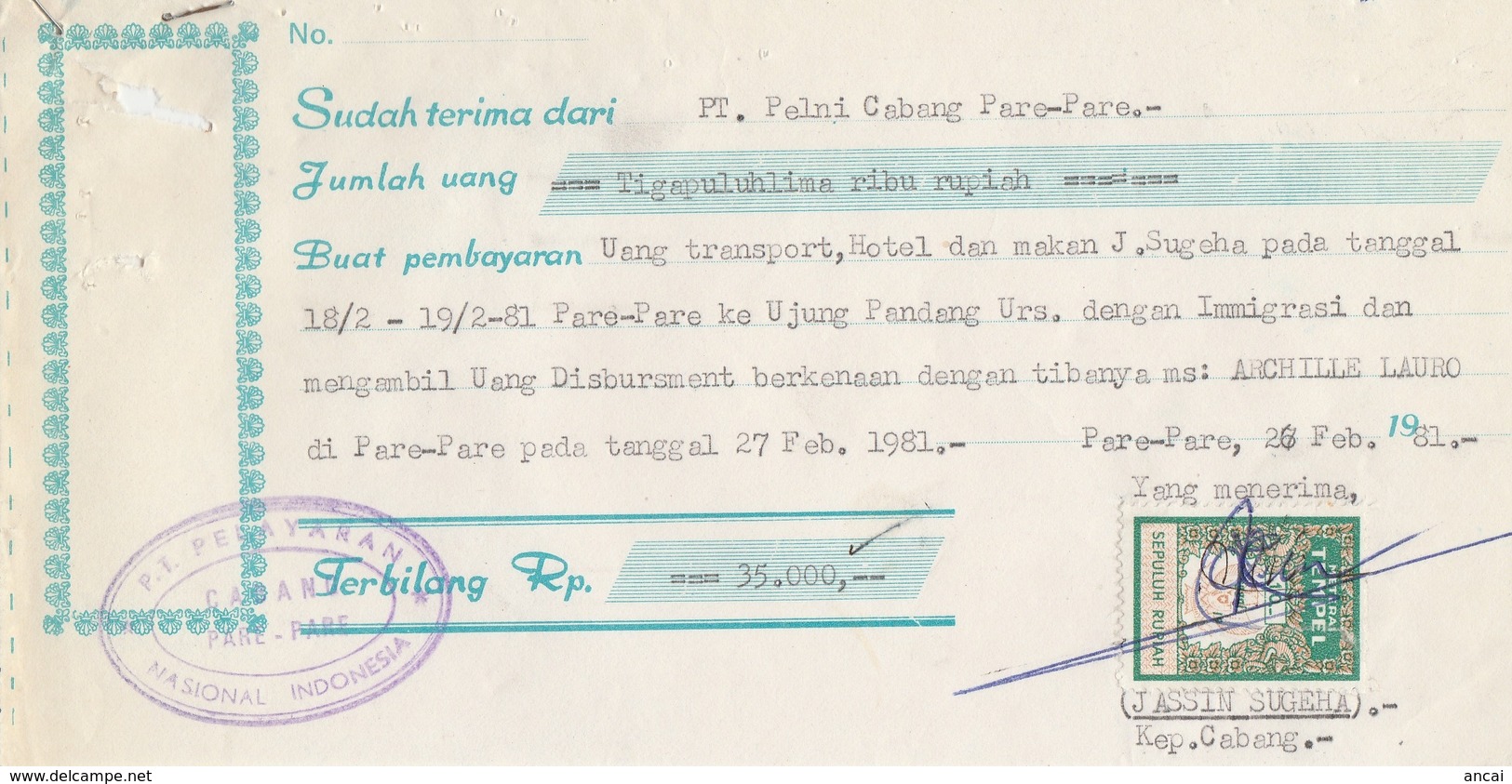 Indonesia. 1981. Ricevuta Com Marca Da Bollo - Indonesia