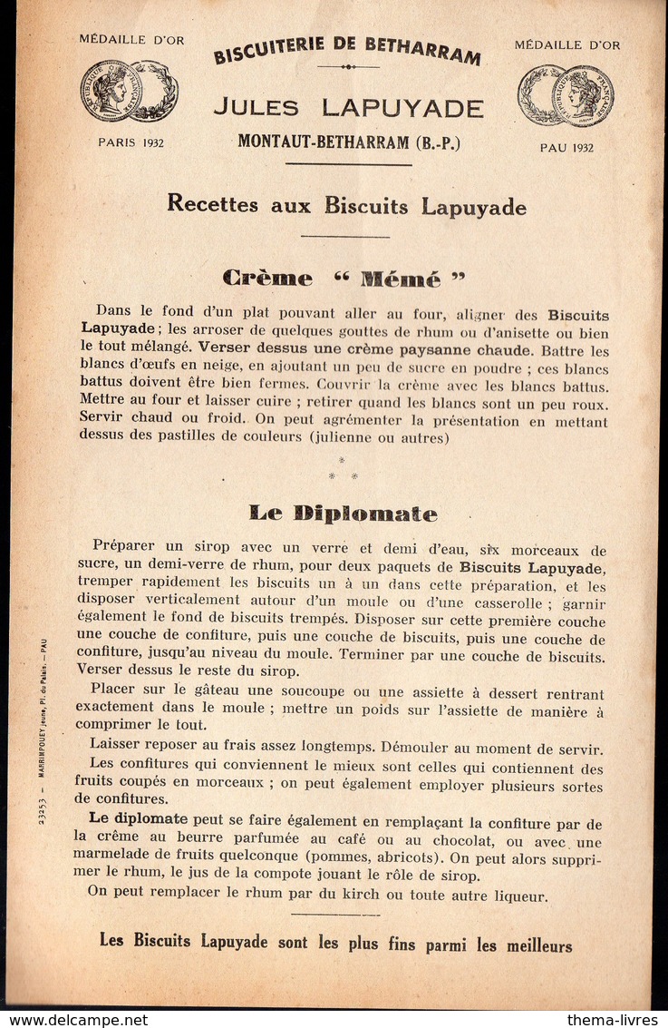 Montaut-Bétharram (64 Pyrénées Atlantiques) Recettes Avec Biscuits LAPUYADE   (PPP10938) - Publicités