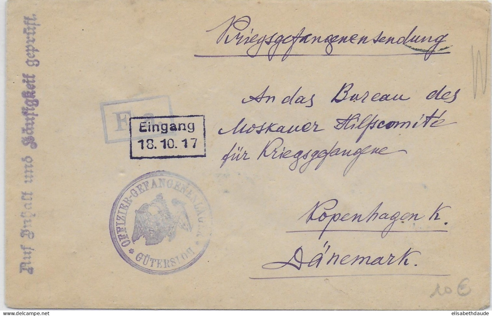 KRIEGSGEFANFENENPOST - 1917 - ENVELOPPE De PRISONNIER RUSSE OFLAG GÜTERSLOH =>BUREAU AIDE MOSCOU à COPENHAGUE (DANEMARK) - Briefe U. Dokumente