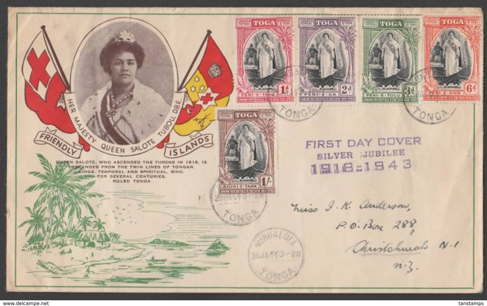 TONGA - NEW ZEALAND 1944 Queen Salote Silver Jubilee Pictorial FDC - Tonga (...-1970)