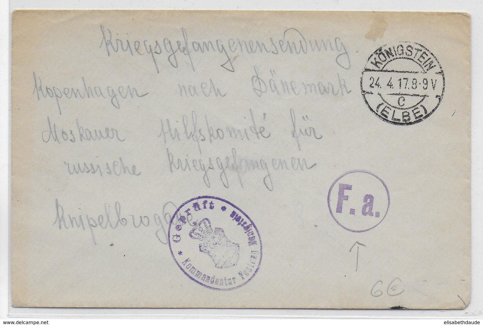 KRIEGSGEFANFENENPOST - 1917 - ENVELOPPE De OFLAG KÖNIGSTEIN ELBE => BUREAU AIDE RUSSE MOSCOVITE à COPENHAGUE (DANEMARK) - Covers & Documents