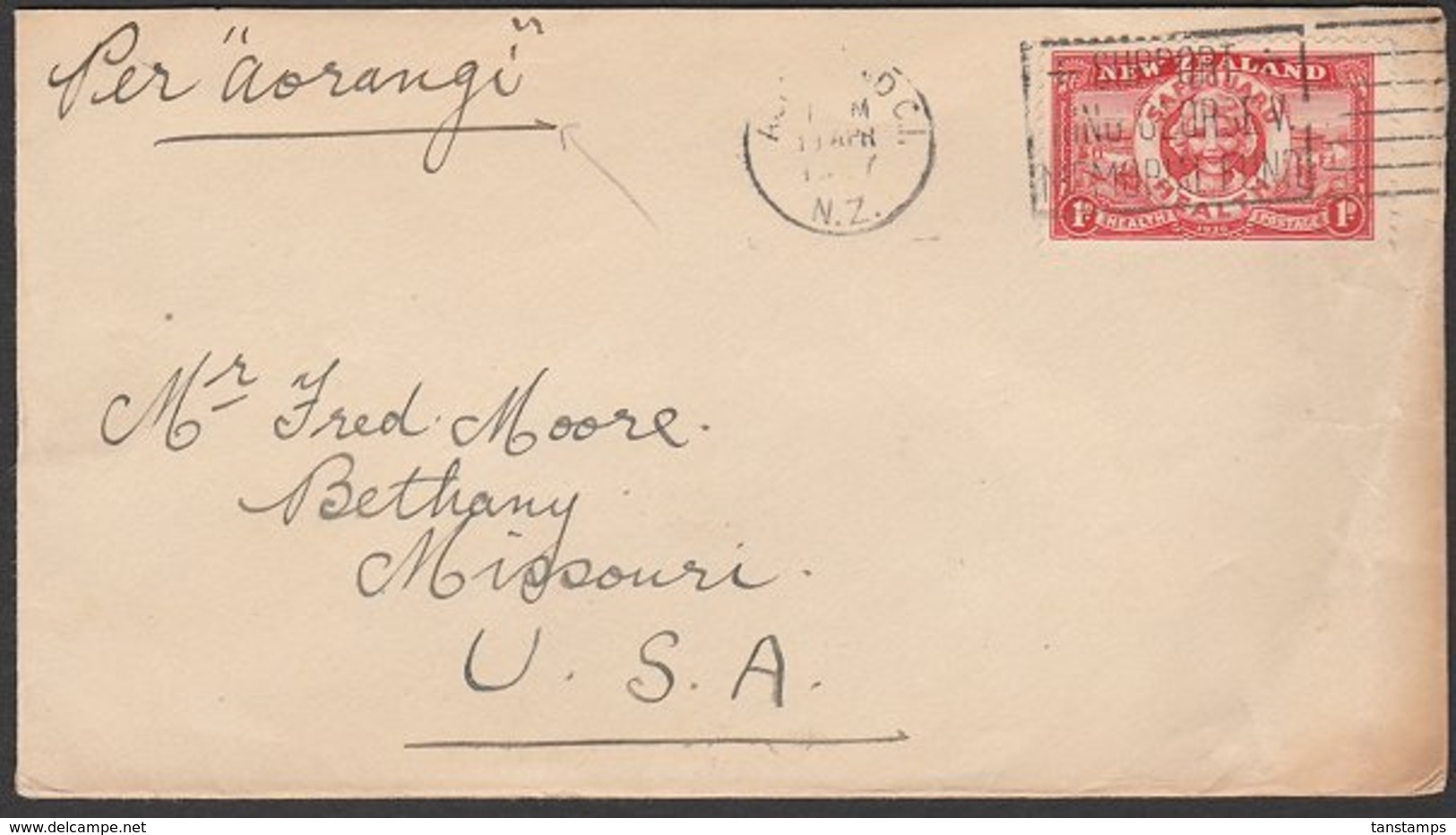 NEW ZEALAND - US 1936 HEALTH POSTALLY USED 1937 COVER RMS AORANGI - Brieven En Documenten