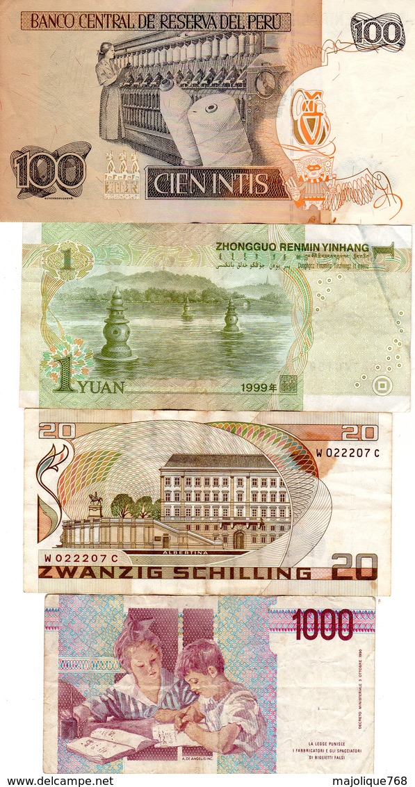 Lot De 4 Billets - 1000 Lire Italie - Zwanzig Schilling Autriche - 1 Yuan Chine - 100 Intis Pérou - - Kiloware - Banknoten