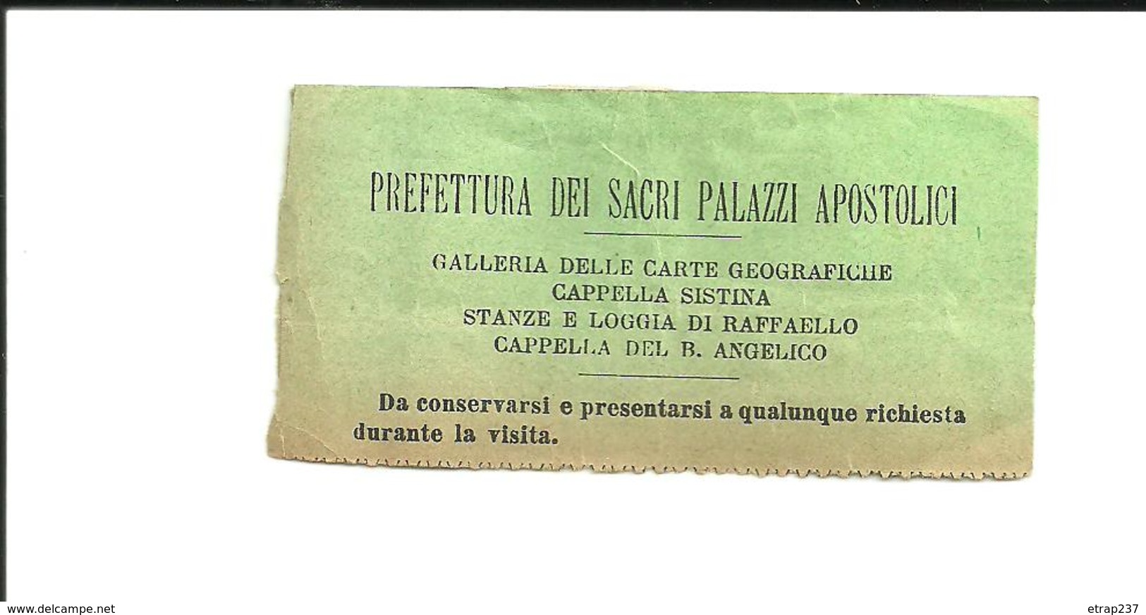 Ancien Ticket D'entrée. Préfecture Des Palais Sacrés Apostoliques. Rome Vatican. Voir Description - Tickets - Vouchers