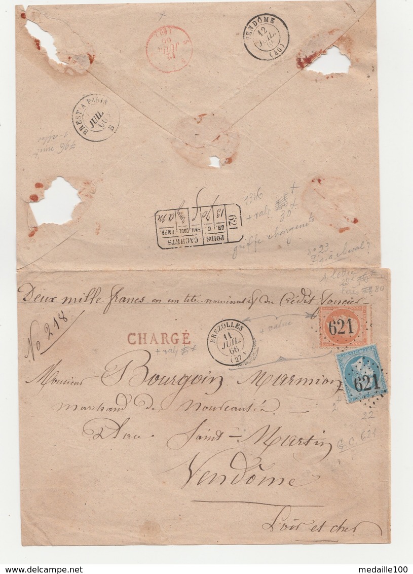 N° 22 Et 23 Sur Enveloppe Chargée Départ Brezolles  11/07/1866 Pour Vendôme - 1863-1870 Napoléon III Lauré