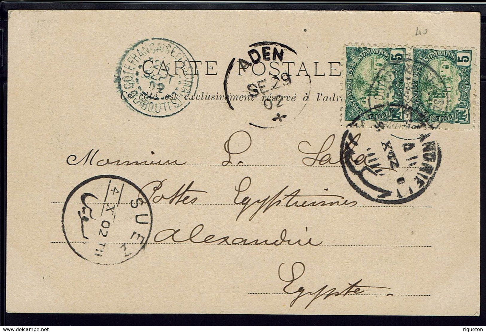 Cote Des Somalis - 1902 - Timbre N° 40 Sur CPA "42 Cour De La Douane De Harar" Correspondance Pour Alexandrie - B/TB - - Lettres & Documents