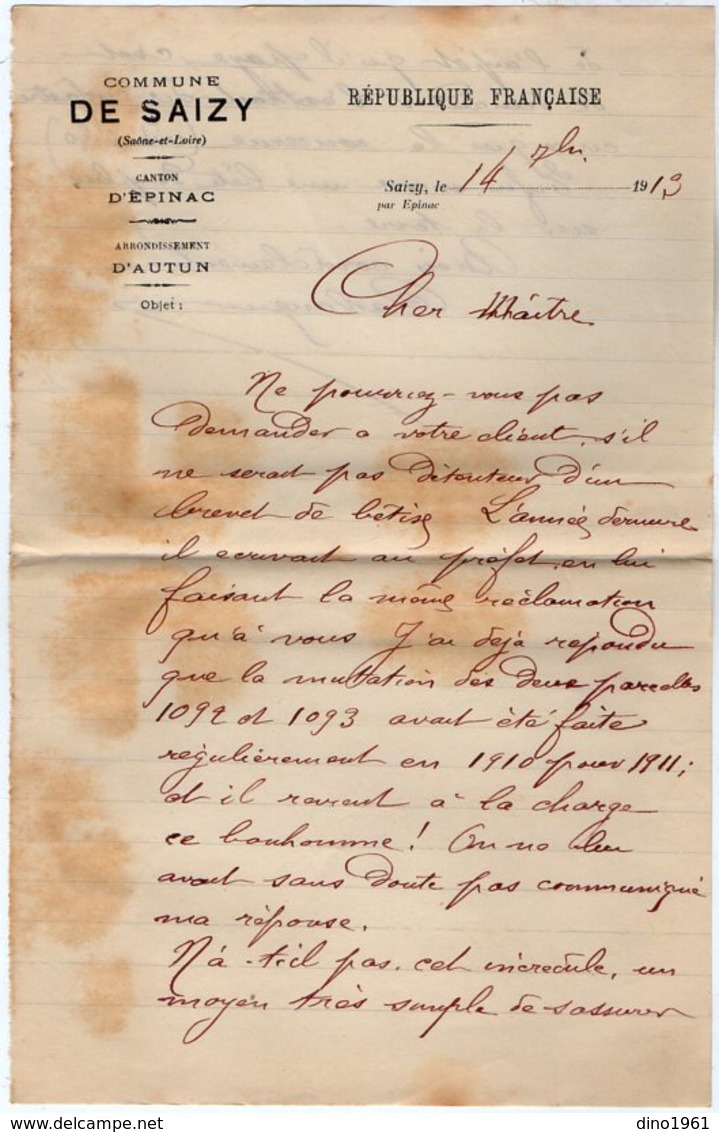 VP15.229 - 1913 - Lettre - Commune De SAIZY Par EPINAC - Collections