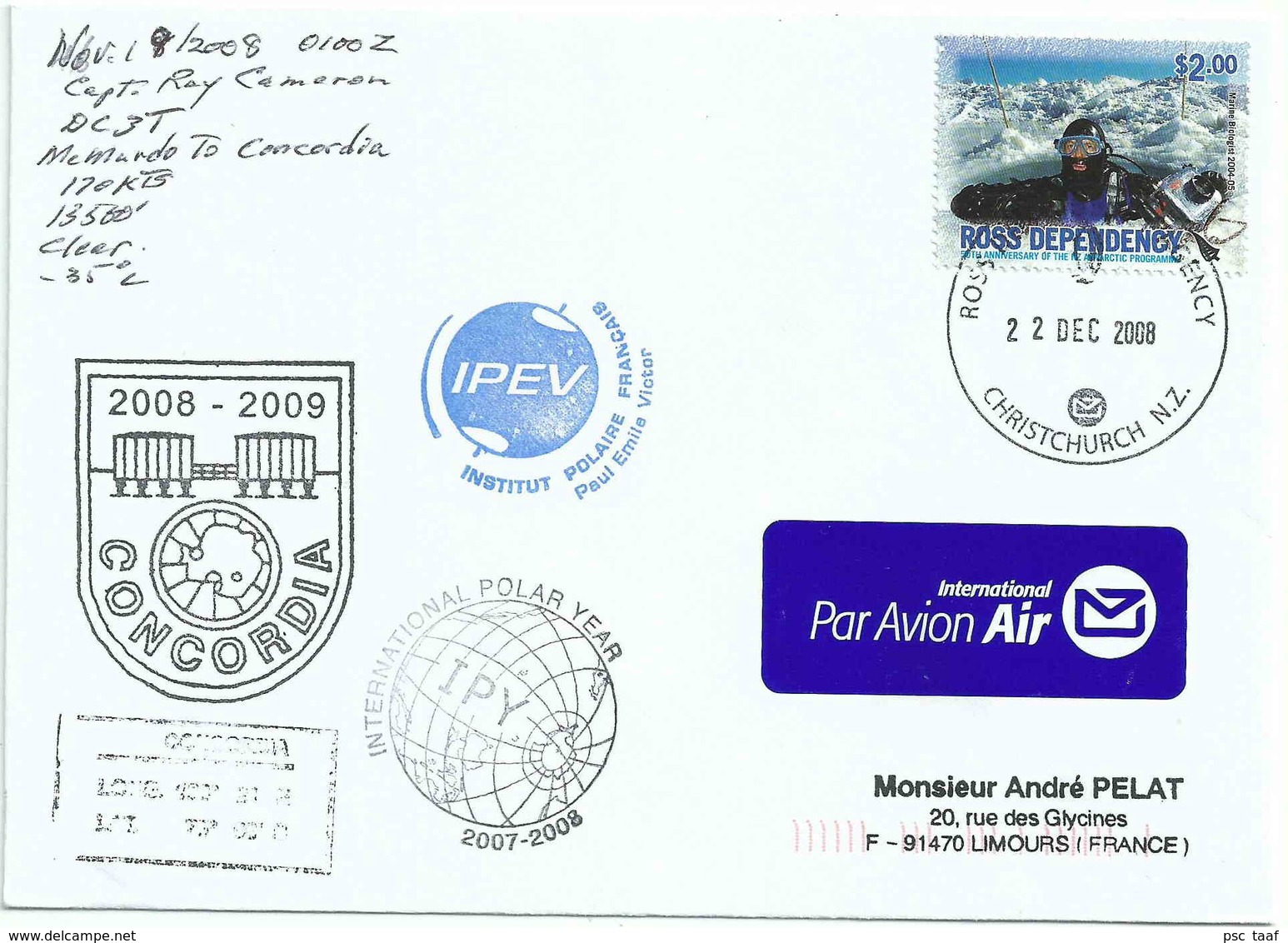 Plongée Sous Marine - Courrier Par Avion DC3 Vers La Base Concordia - 22/12/2008 - Lettres & Documents