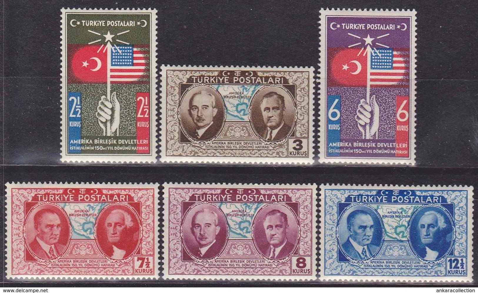 AC - TURKEY STAMP  - The 150th ANNIVERSARY OF USA - AMERICA INDEPENDENCE ATATURK, INONU, ROOSEVELT, FLAGS MNH 1939 - Nuevos