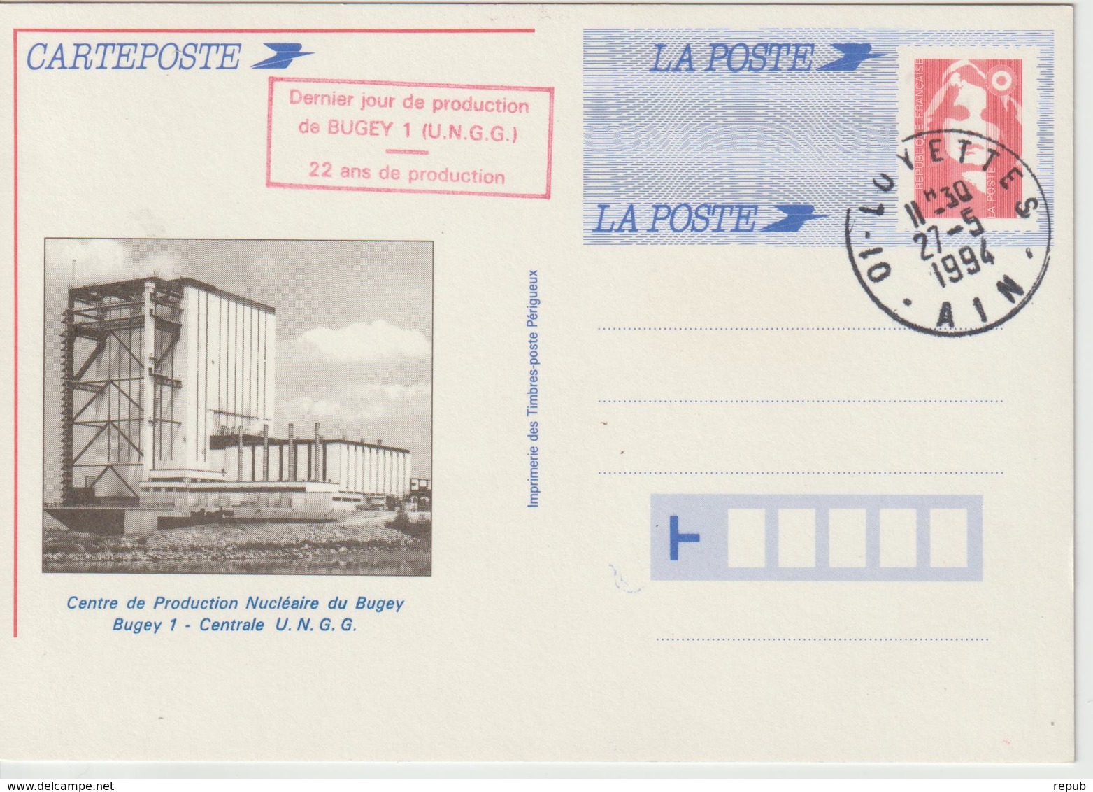 Entier Briat Repiqué Centre De Production Nucléaire De Bugey 1994 - Standard Postcards & Stamped On Demand (before 1995)