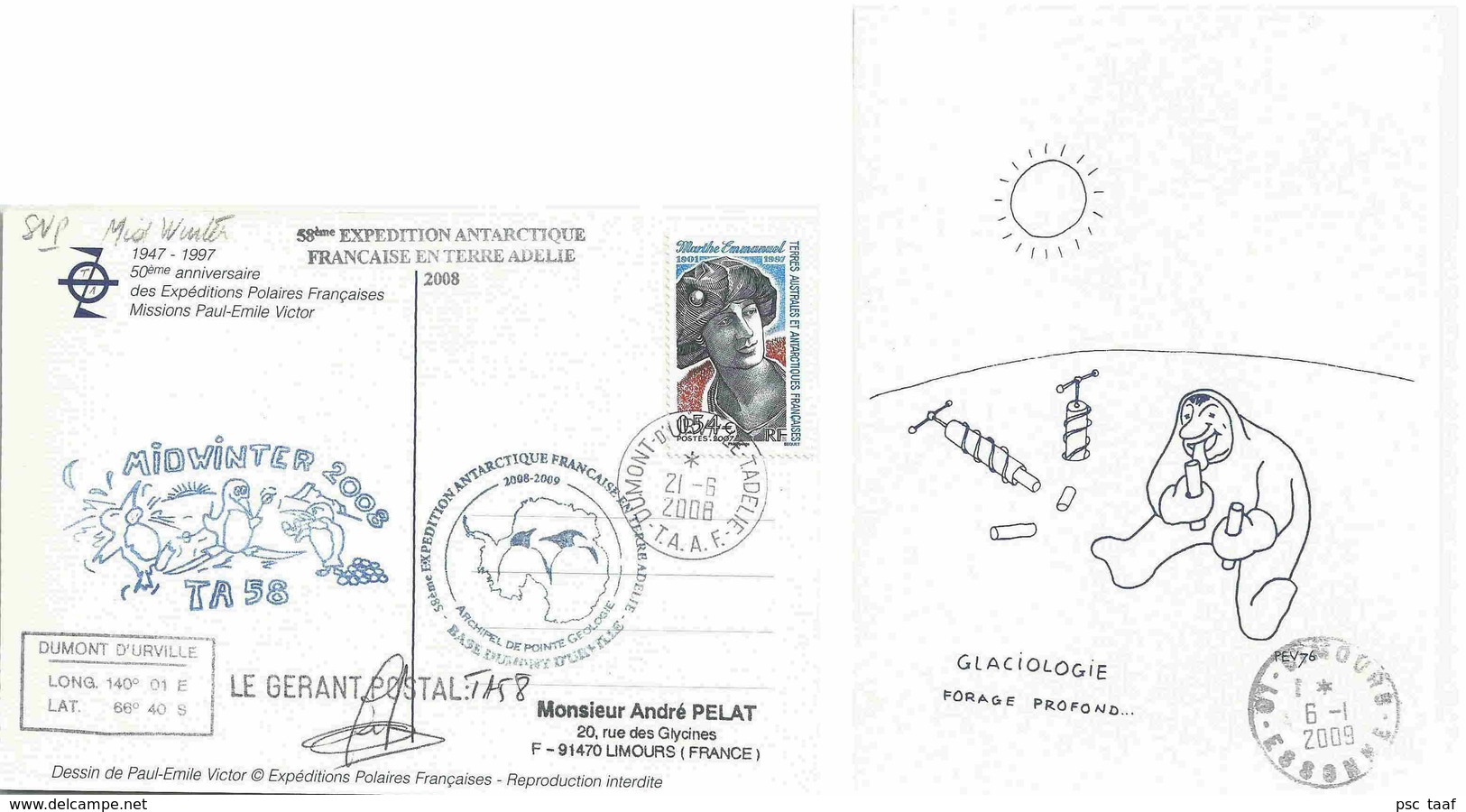 YT 457 - Marthe Emmanuel - Gérant Postal - Dumont D'Urville - Terre Adélie - 21/06/2008 - Lettres & Documents