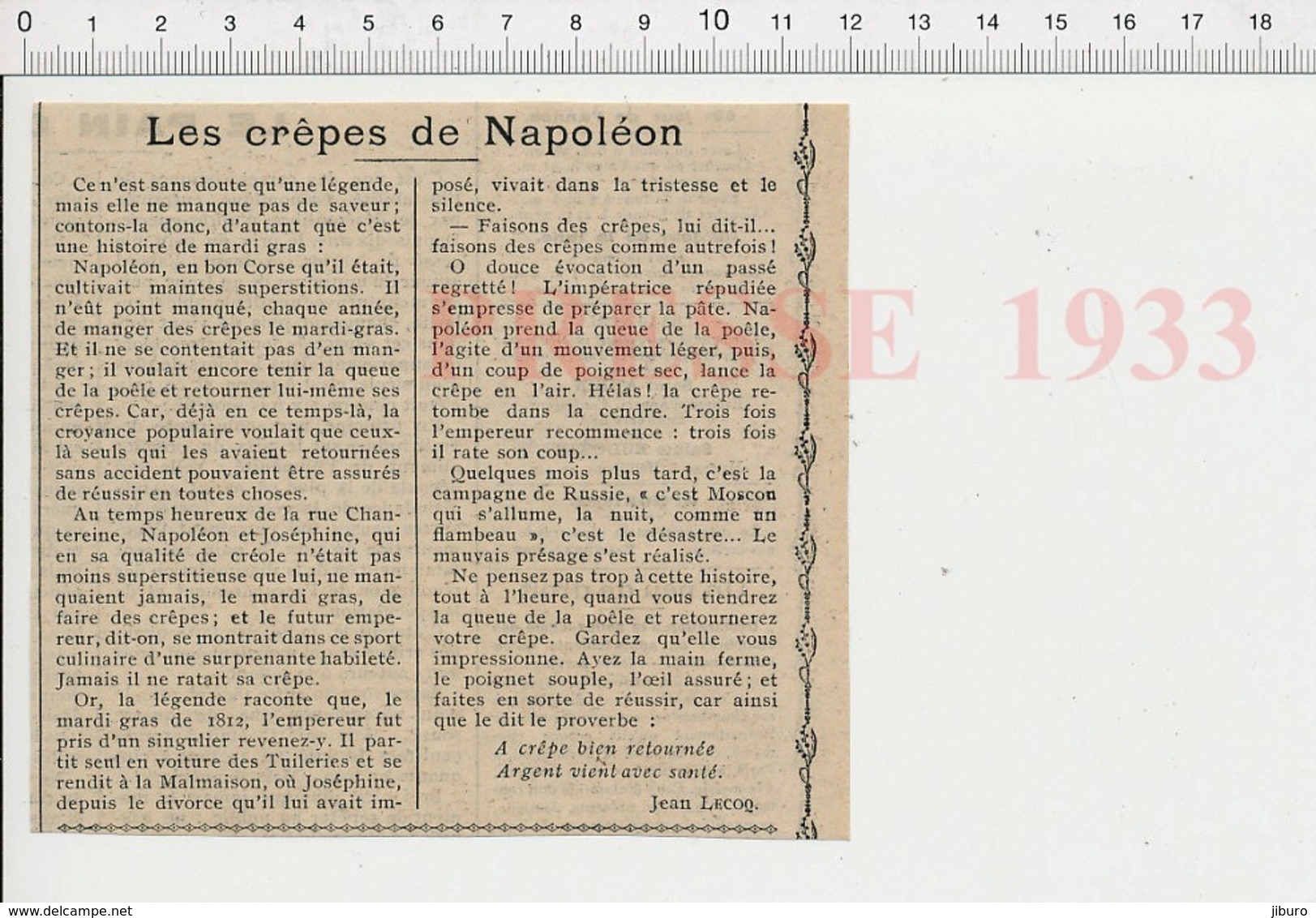 Presse 1933 Mardi-Gras Crêpes Napoléon Joséphine à La Malmaison Crêpe Bien Retournée Argent Vient Avec Santé 223CHV6 - Unclassified