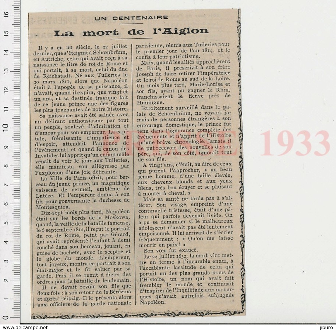 Presse 1933 Centenaire De La Mort De L'Aiglon Histoire De France 223CHV6 - Unclassified