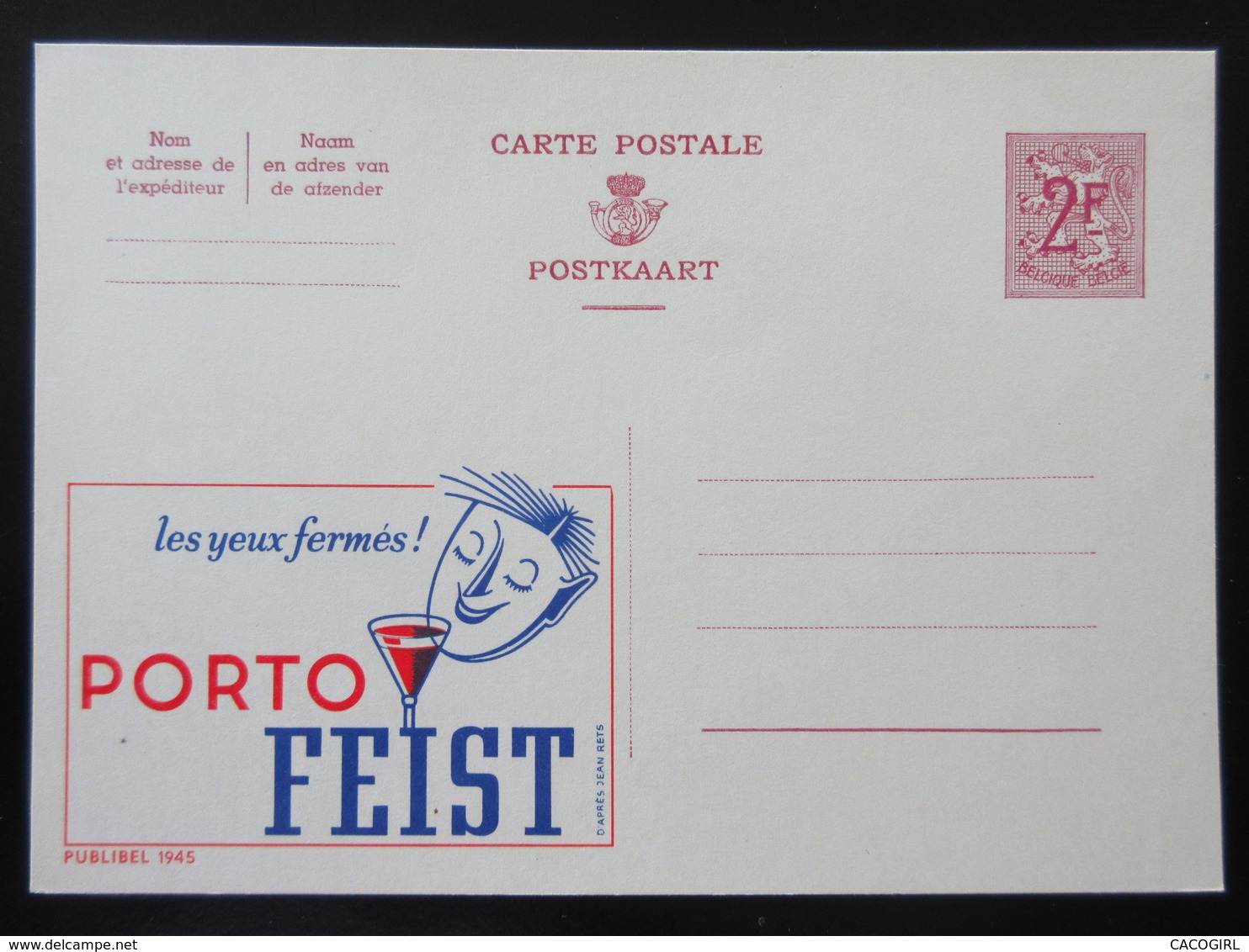 ENTIER CP PUBLIBEL 1945 . LES YEUX FEMES !  PORTO FEIST . D'APRES JEAN RETS  . NEUF - Publibels