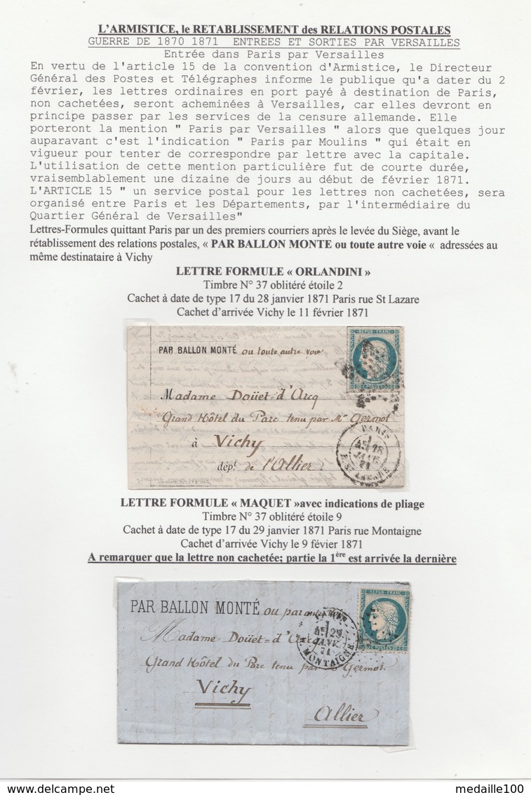 ( Ballon Monté ) Les Premières Lettres Sorties De Paris Après Le Siège  Dont Une Le Jour De  L'armistice Certificat - 1863-1870 Napoléon III Lauré