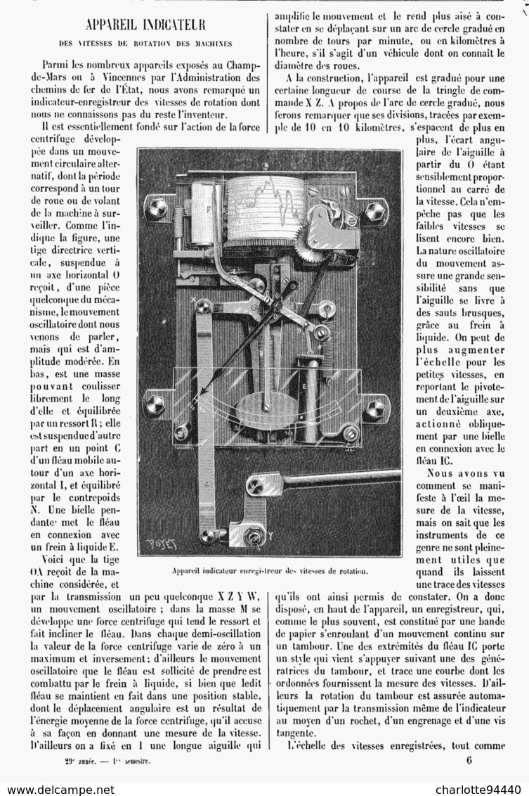 APPAREIL INDICATEUR Des VITESSES DE ROTATION Des MACHINES   1901 - Other & Unclassified