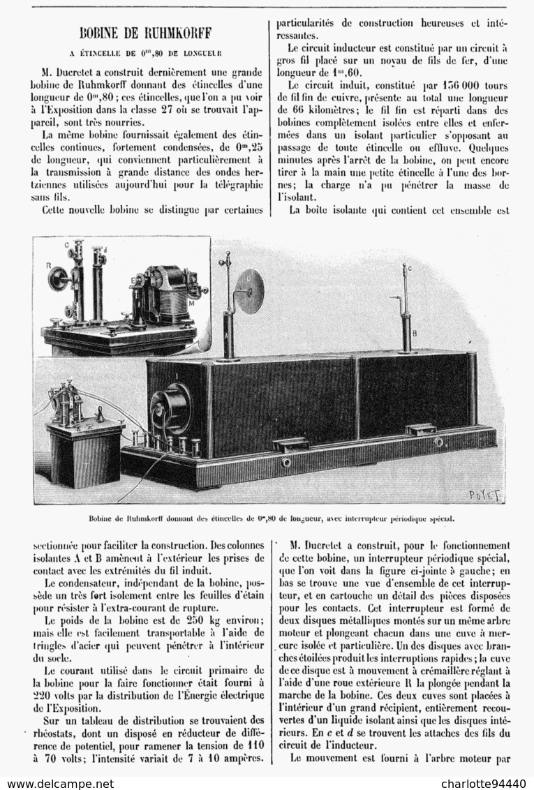 BOBINE De RUHMKORFF à Etincelles De 0,80 M De Longueur  1901 - Autres & Non Classés