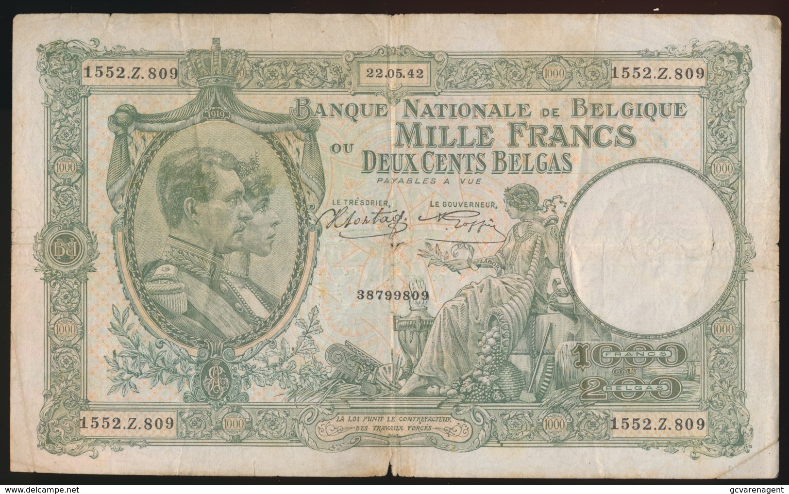 1000 FRANCS 200 BELGAS  22.05.42   2 SCANS - 1000 Francs & 1000 Francs-200 Belgas