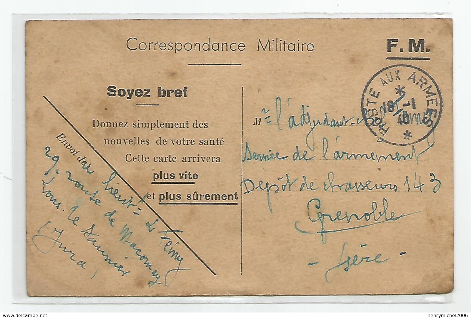 Marcophilie Carte Franchise Militaire Fm Soyez Bref De Lons Le Saunier 39 Jura Pour Depot Chasseurs 1940 - Lettres & Documents