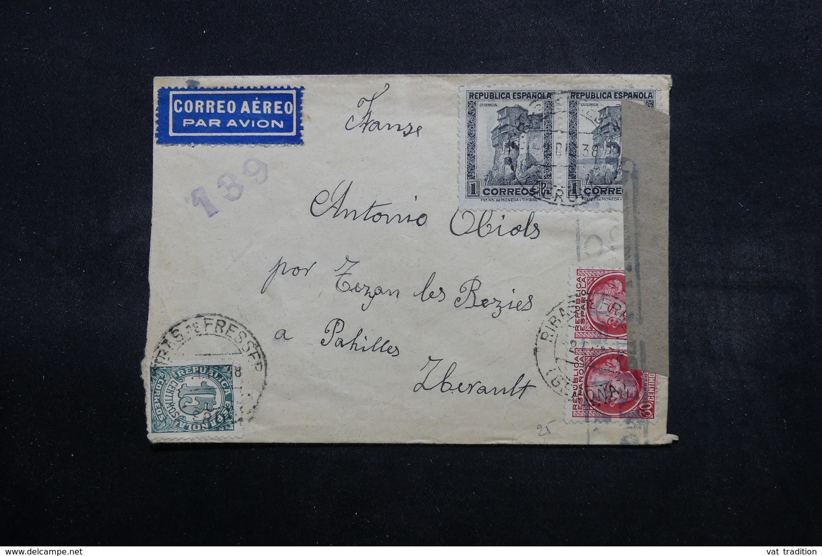 ESPAGNE - Enveloppe De Ribas De Fresser Pour La France En 1938 Avec Censure , Affranchissement Plaisant - L 32556 - Marques De Censures Républicaines