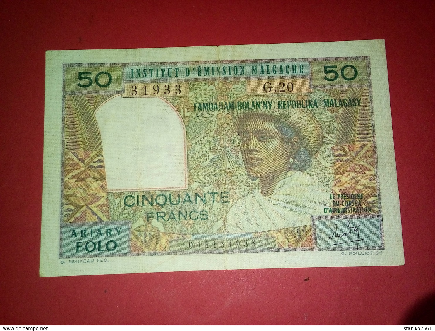 BILLET DE 50 FRANCS Madagascar INSTITUT D’ÉMISSION  MALGACHE ARIARY FOLO Très Bon état - Madagascar