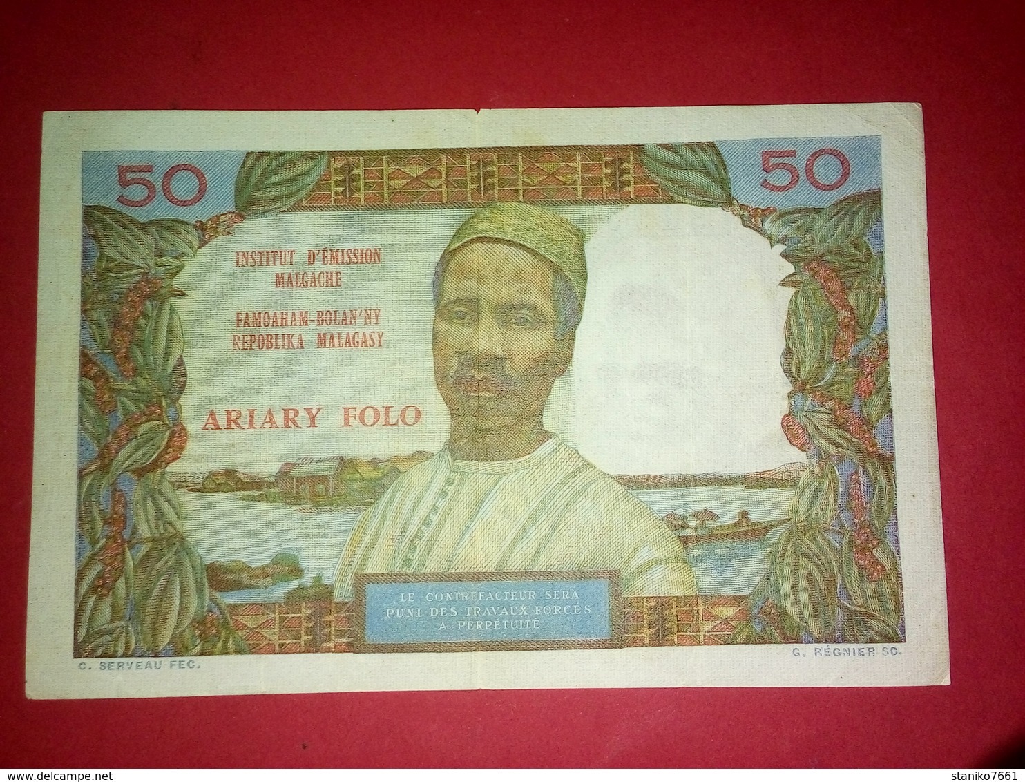 BILLET DE 50 FRANCS Madagascar INSTITUT D’ÉMISSION  MALGACHE ARIARY FOLO Très Bon état - Madagascar