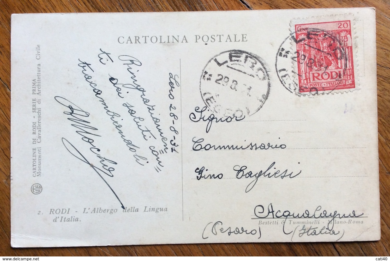 GRECIA,  LERO (EGEO) Su 20 C. 29/8/31 Su  CARTOLINA  RODI L'ALBERGO DELLA LINGUA D'ITALIA PER ACQUALAGNA PESARO - Egeo