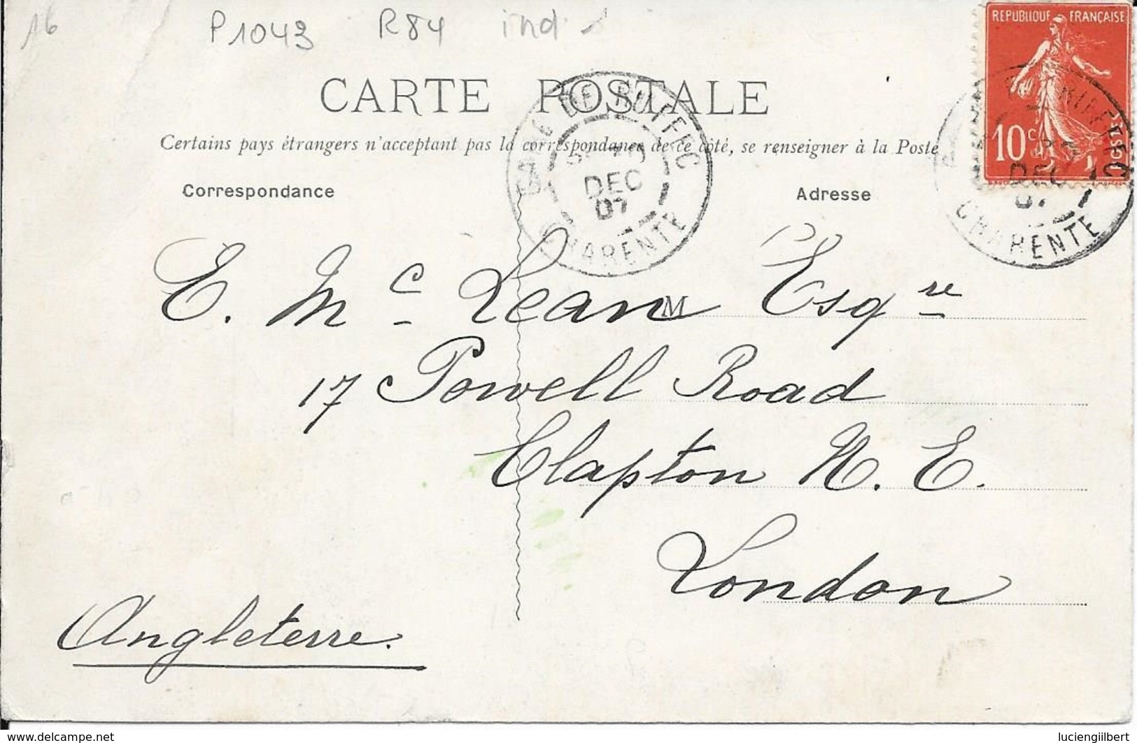 CHARENTE 16-   GARE DE RUFFEC    -    CACHET GARE  N° 1043  TYPE 84   - 1907 -  INDICE 10 - Manual Postmarks