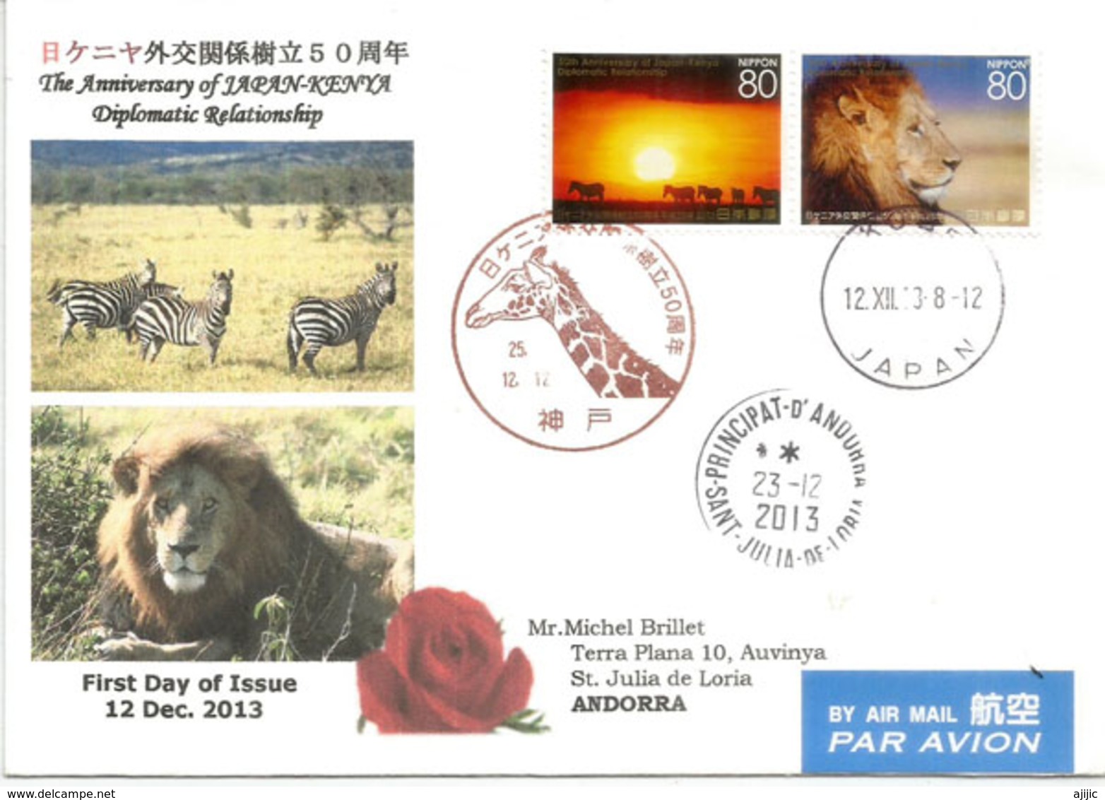 KENYA'JAPON émission Conjointe, Sur Lettre Année 2013,adressée Andorra, Avec Timbre à Date Arrivée - Briefe U. Dokumente