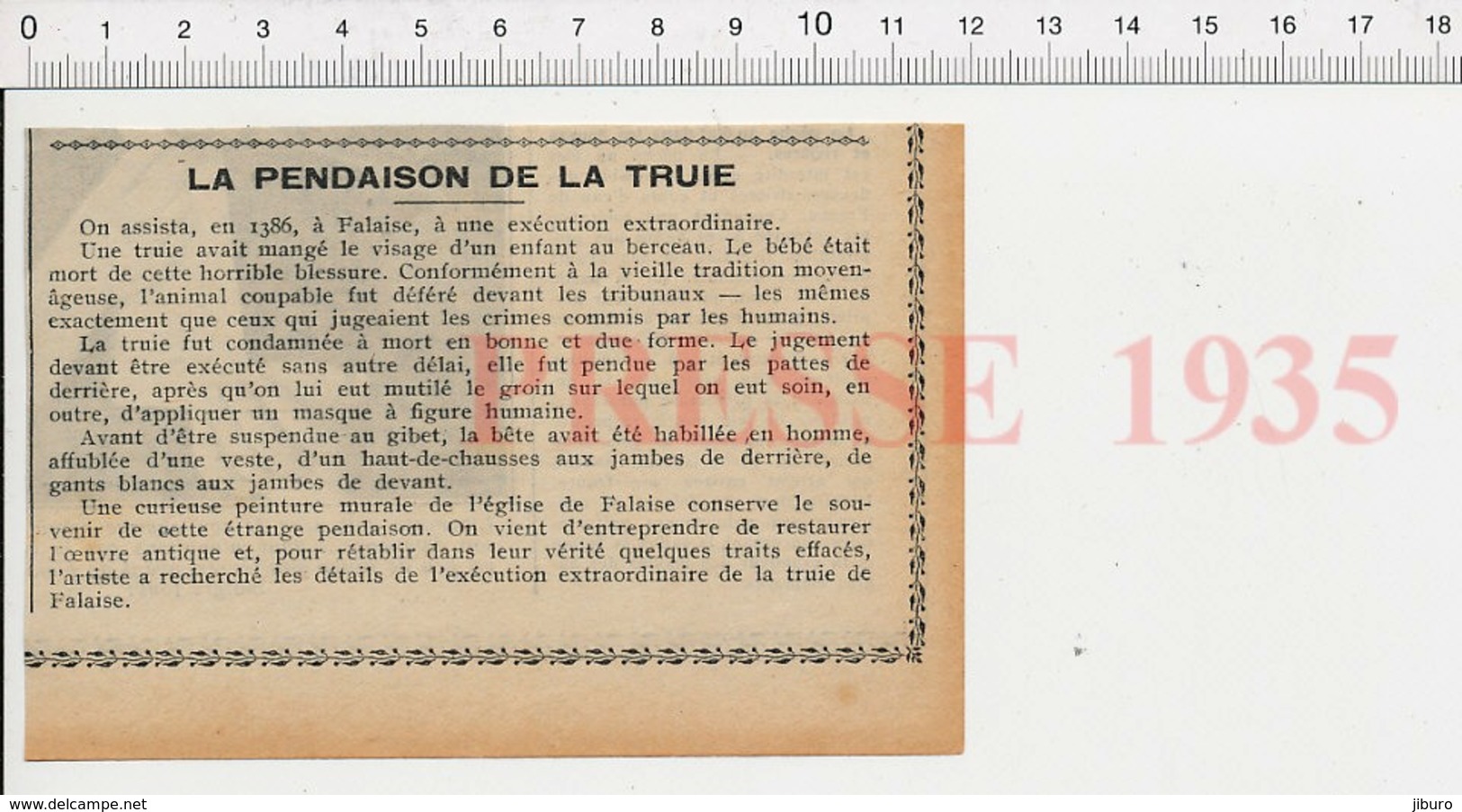 Presse 1935 Exécution De La Truie Eglise Falaise Calvados Gibet Pendaison Moyen-âge Cochon Animal Tribunal Justice 226V - Unclassified