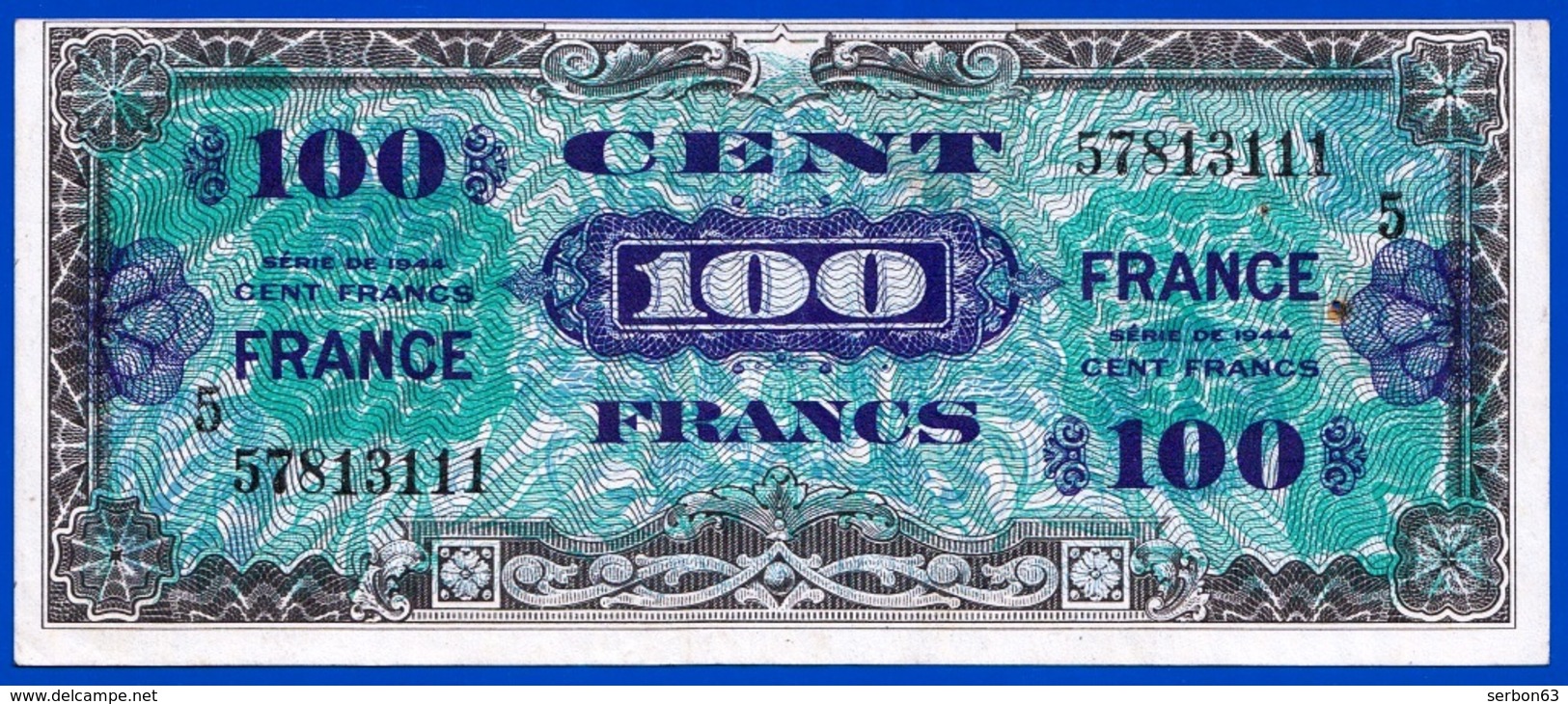 100 FRANCS VERSO FRANCE 4 JUIN 1945 N° 57813111 LES BILLETS DU TRÉSOR VENDU EN L'ETAT IMPRESSION AMÉRICAINE - Serbon63 - 1945 Verso France