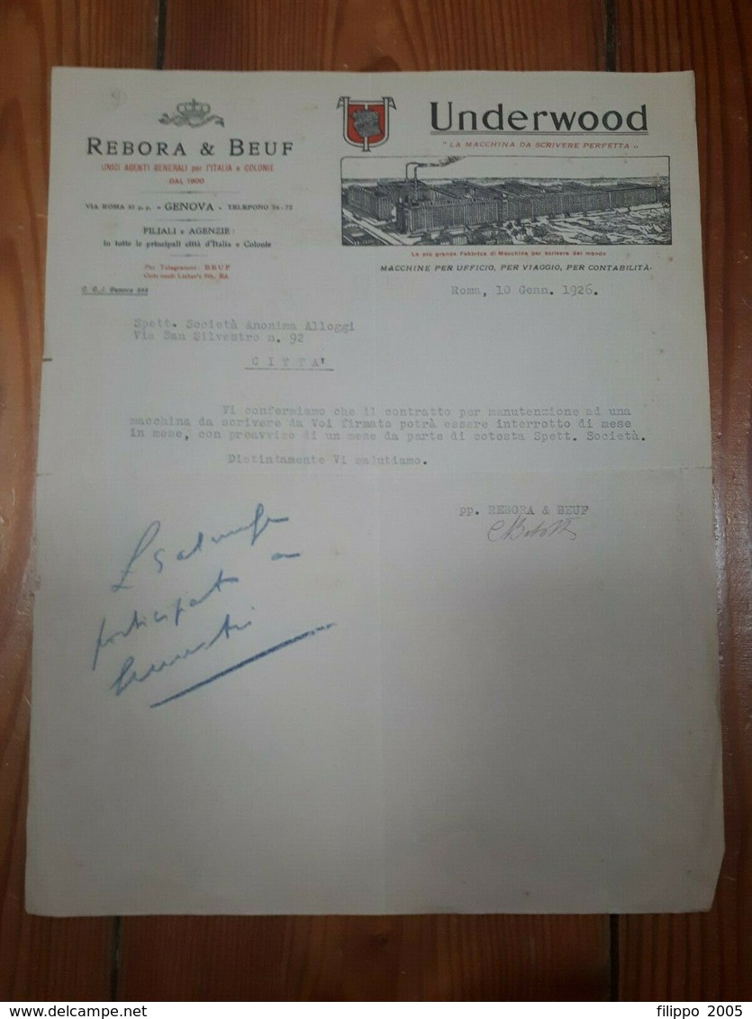 1926 ROMA - GENOVA CARTA INTESTATA MACCHINE DA SCRIVERE UNDERWOOD REBORA & BEUF - Italia