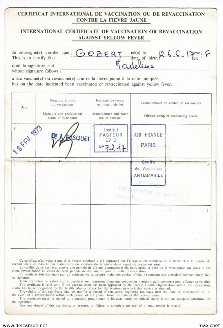 Certificats Internationaux Vaccination, Contrôle Sanitaire Frontières, Variole, Fièvre Jaune (Air France), Choléra - Unclassified