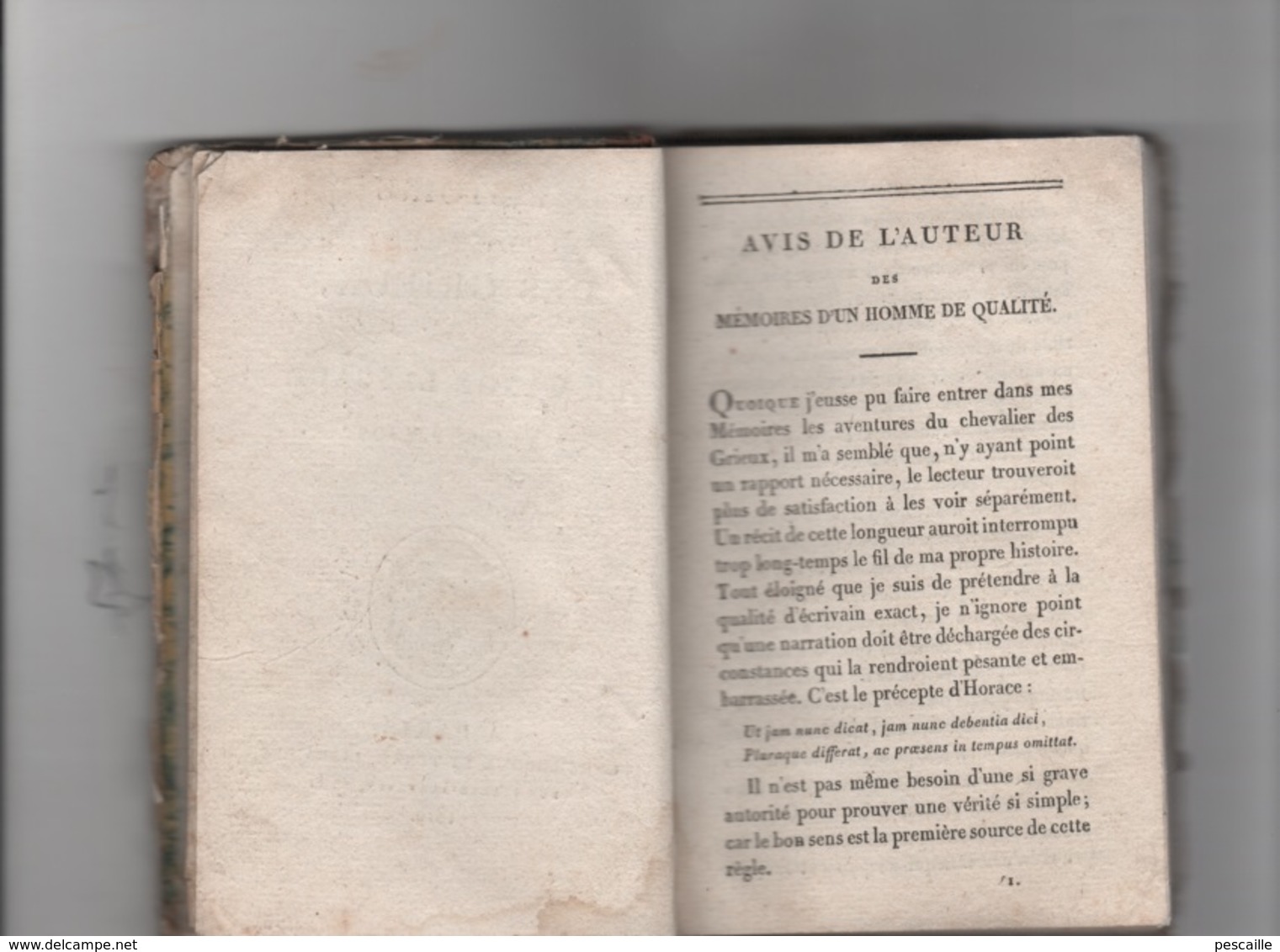 1819 - HISTOIRE DU CHEVALIER DES GRIEUX ET DE MANON LESCAUT PAR L'ABBE PREVOST - A PARIS CHEZ LEDOUX ET TENRE LIBRAIRES - 1801-1900