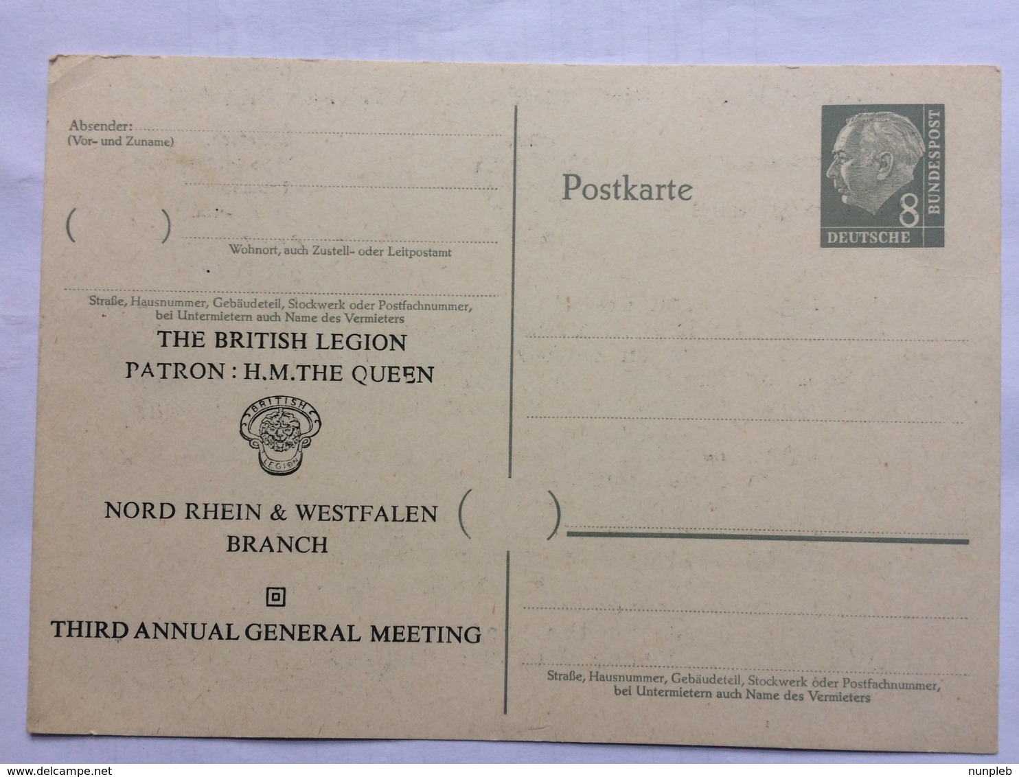 GERMANY 1960 Pre-paid Postcard 8pf Grey British Legion -Dusseldorf & Nord Rhein-Wesfalen Branch - Lettres & Documents
