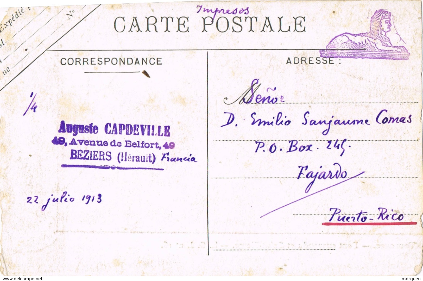 33159. Postal BEZIERS (Herault) 1913. Label, Vignette Exposition Internationalle PARIS - Cartas & Documentos