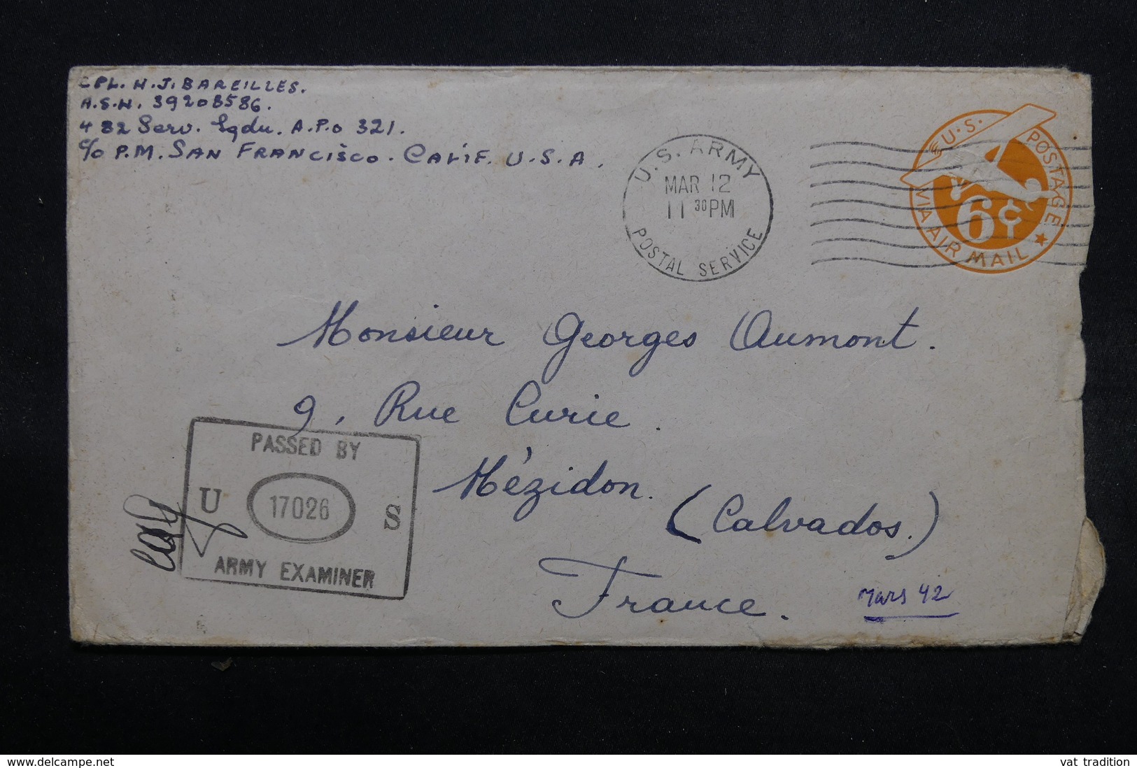 ETATS UNIS - Enveloppe En FM Pour La France ( Mézidon ) Avec Contrôle Postal - L 32611 - Marcophilie