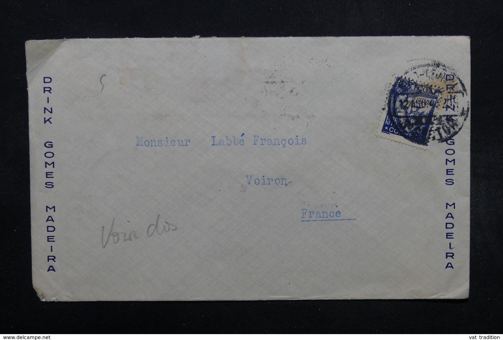 PORTUGAL - Enveloppe Commerciale De Vila Nova De Gaia Pour La France En 1943, Griffe Contrôle Douanier Au Dos - L 32613 - Covers & Documents