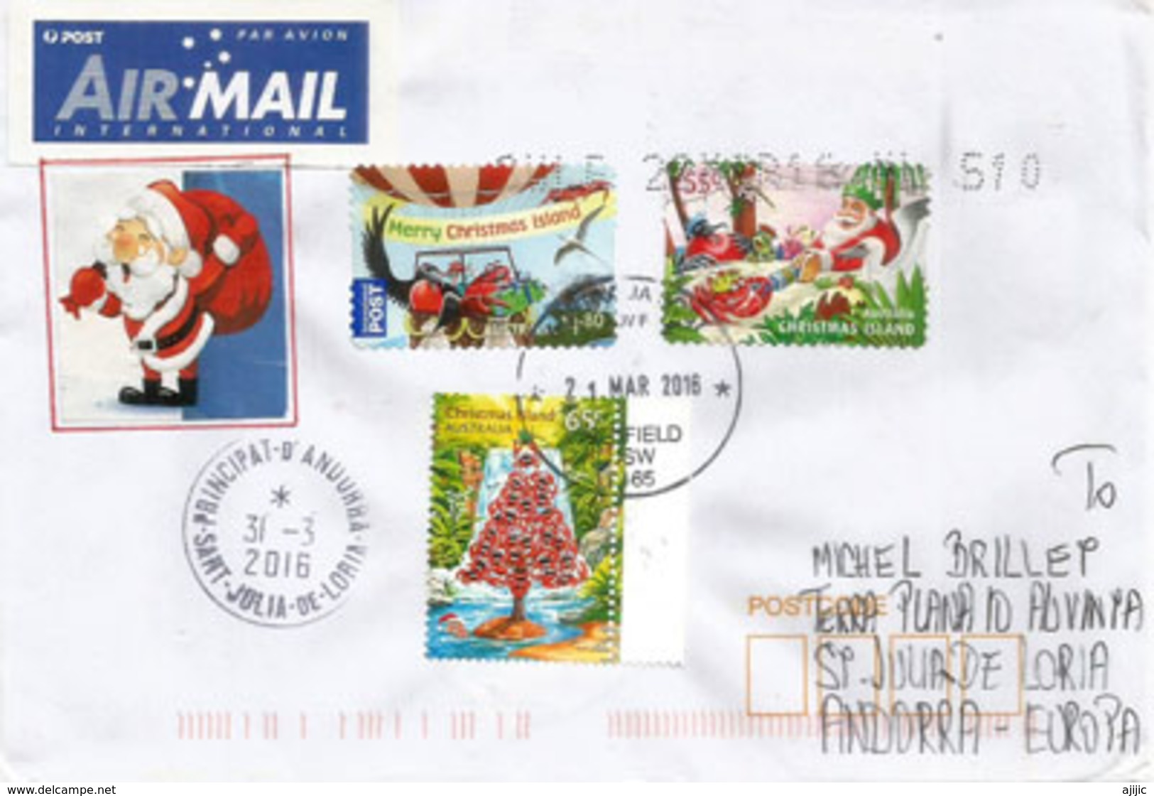 Lettre De Christmas Island, Traditions Locales à Noel, Adressée Andorra, Avec Timbre à Date Arrivée - Christmas Island