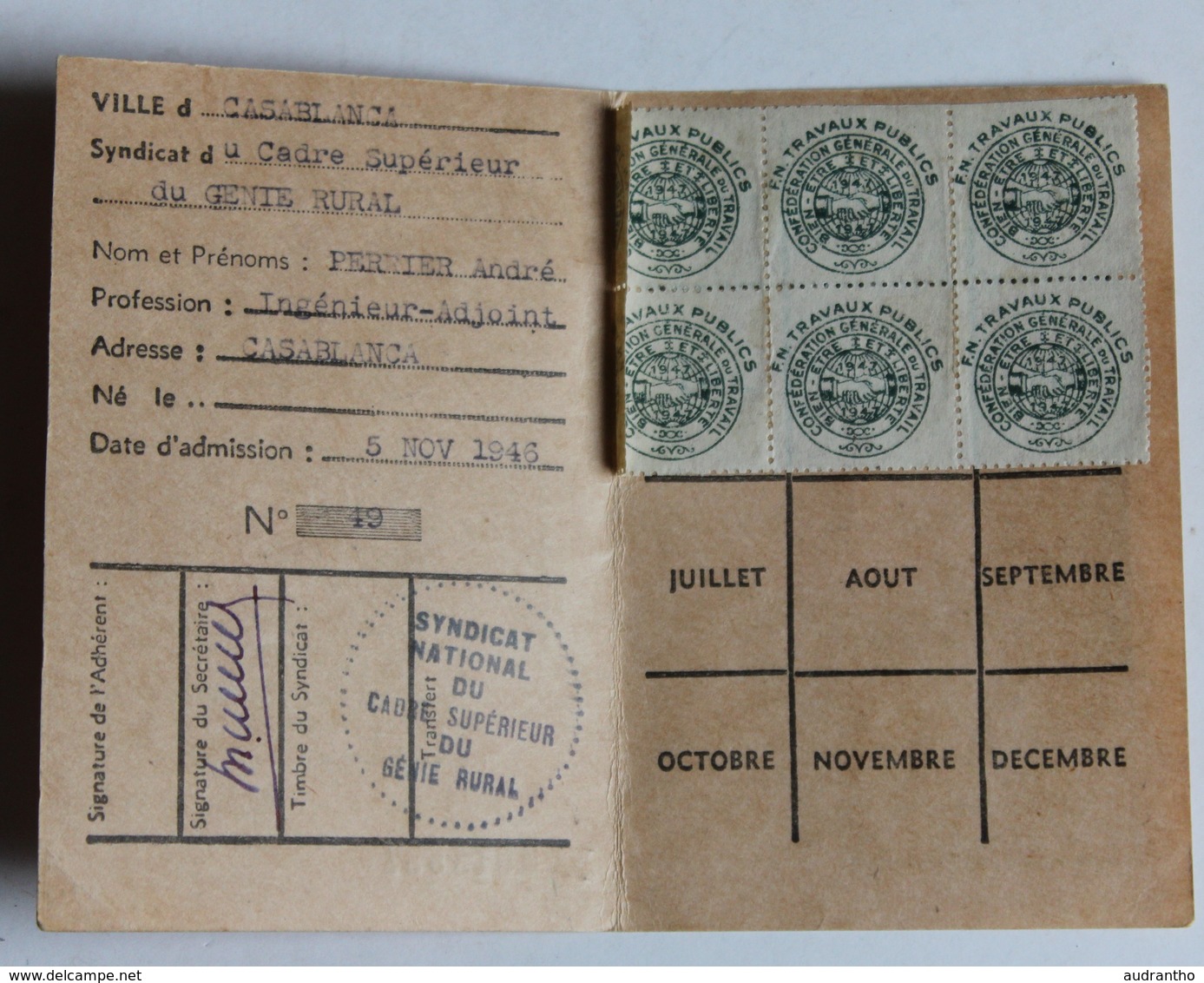 Carte Confédérale Syndicat CGT Avec Timbres 1947 Casablanca Perrier André Ingénieur Adjoint Génie Rural - Non Classificati