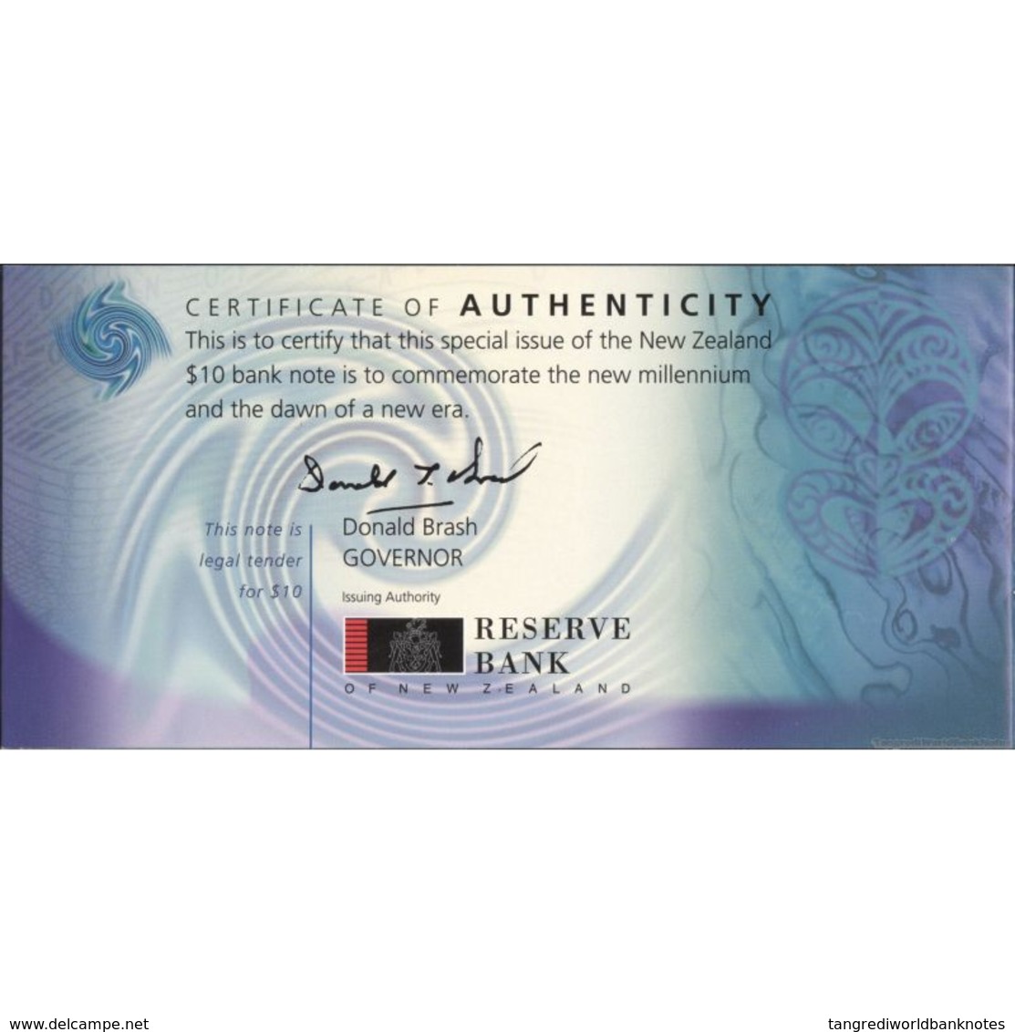 TWN - NEW ZEALAND 190b - 10 Dollars 2000 Polymer - Comm. New Millennium - Prefix NZ - Signature: Brash - Folder UNC - New Zealand